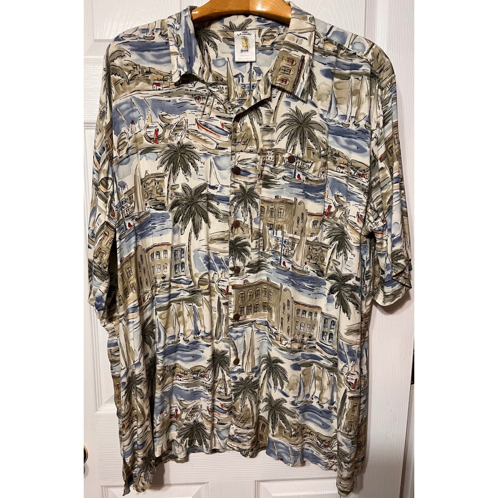 Le Raul Mens 3X Short Sleeve Rayon Button Down Shirt Mediterranean Harbor Print